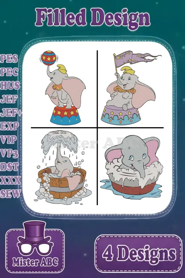 A vibrant collage of four Dumbo embroidery designs: Dumbo with a ball, flag, bathing, and in a tub, showcasing a delightful collection.