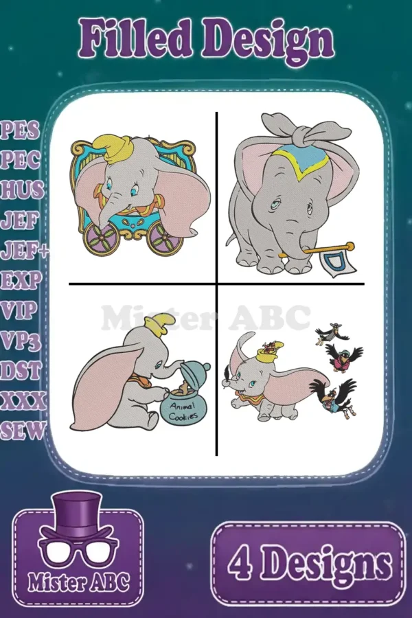 A vibrant collage of four Dumbo filled embroidery designs, showcasing the beloved elephant in various adorable poses and scenes.