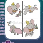 Dumbo Baby Elephant Flying With Magic Feather And Timothy Mouse Flag Carrier - Filled Embroidery Design - Instant Download