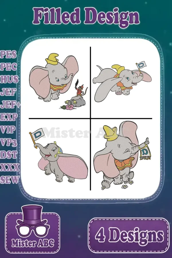 Four distinct filled embroidery designs featuring Dumbo the elephant and Timothy Q. Mouse, ready for digital download.