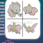 Dumbo Baby Elephant Pink And Blue Versions Flying And With Playing Card - Filled Embroidery Design - Instant Download