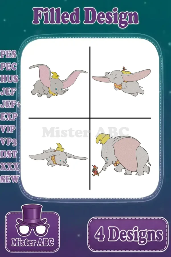 A vibrant collage of four Dumbo filled embroidery designs, showcasing different poses, perfect for various projects.