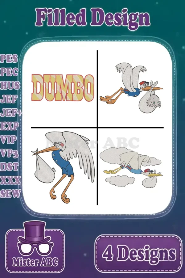 A vibrant embroidery bundle featuring the Dumbo logo and three animated storks carrying babies, perfect for baby projects.