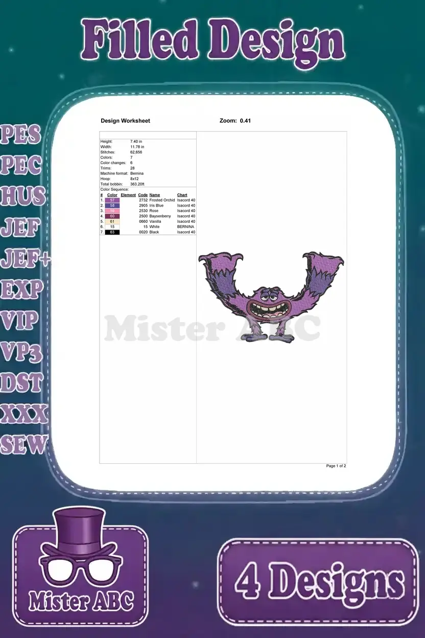 Design worksheet for the first Roz embroidery, detailing dimensions, stitch count, color sequence, and hoop size.