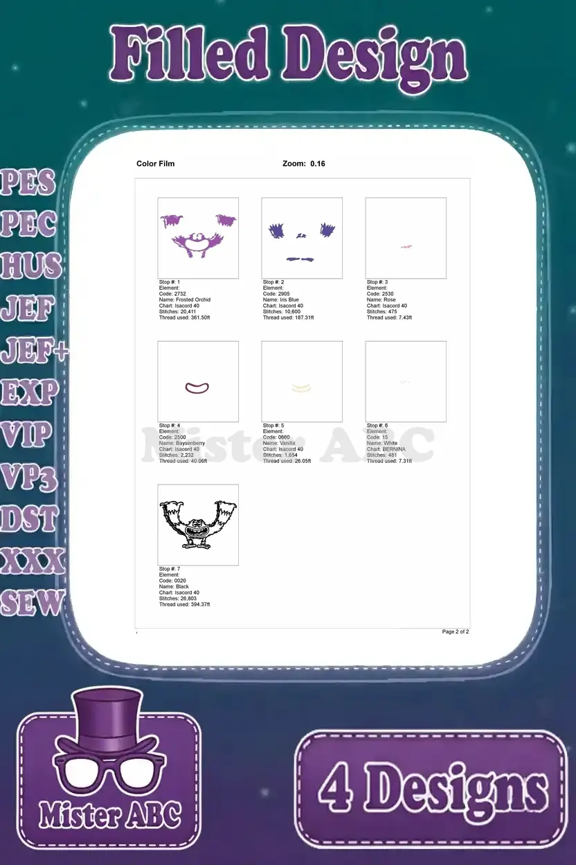 Color film breakdown for the first Roz embroidery design, illustrating the exact stitching sequence by color.