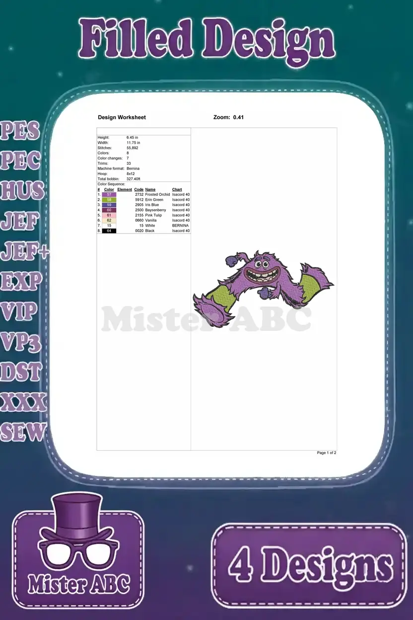 Design worksheet for the second Roz embroidery, detailing dimensions, stitch count, color sequence, and hoop size.