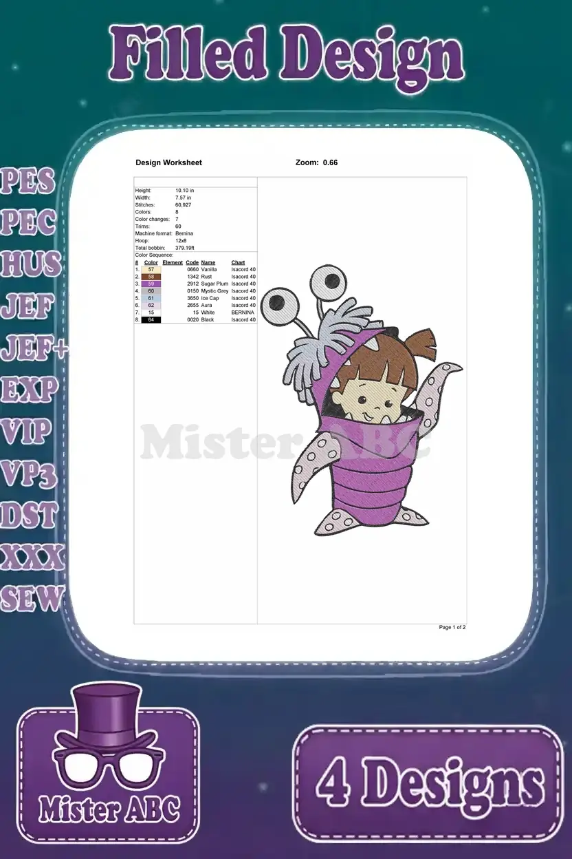 Design worksheet for the second Boo embroidery, detailing dimensions, stitch count, color sequence, and hoop size.