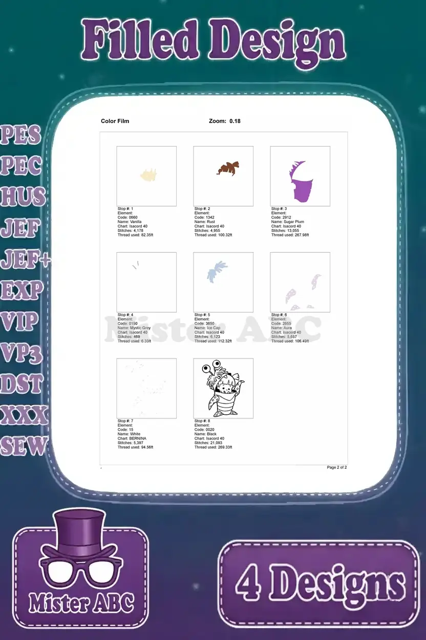 Color film breakdown for the second Boo embroidery design, illustrating the exact stitching sequence by color.