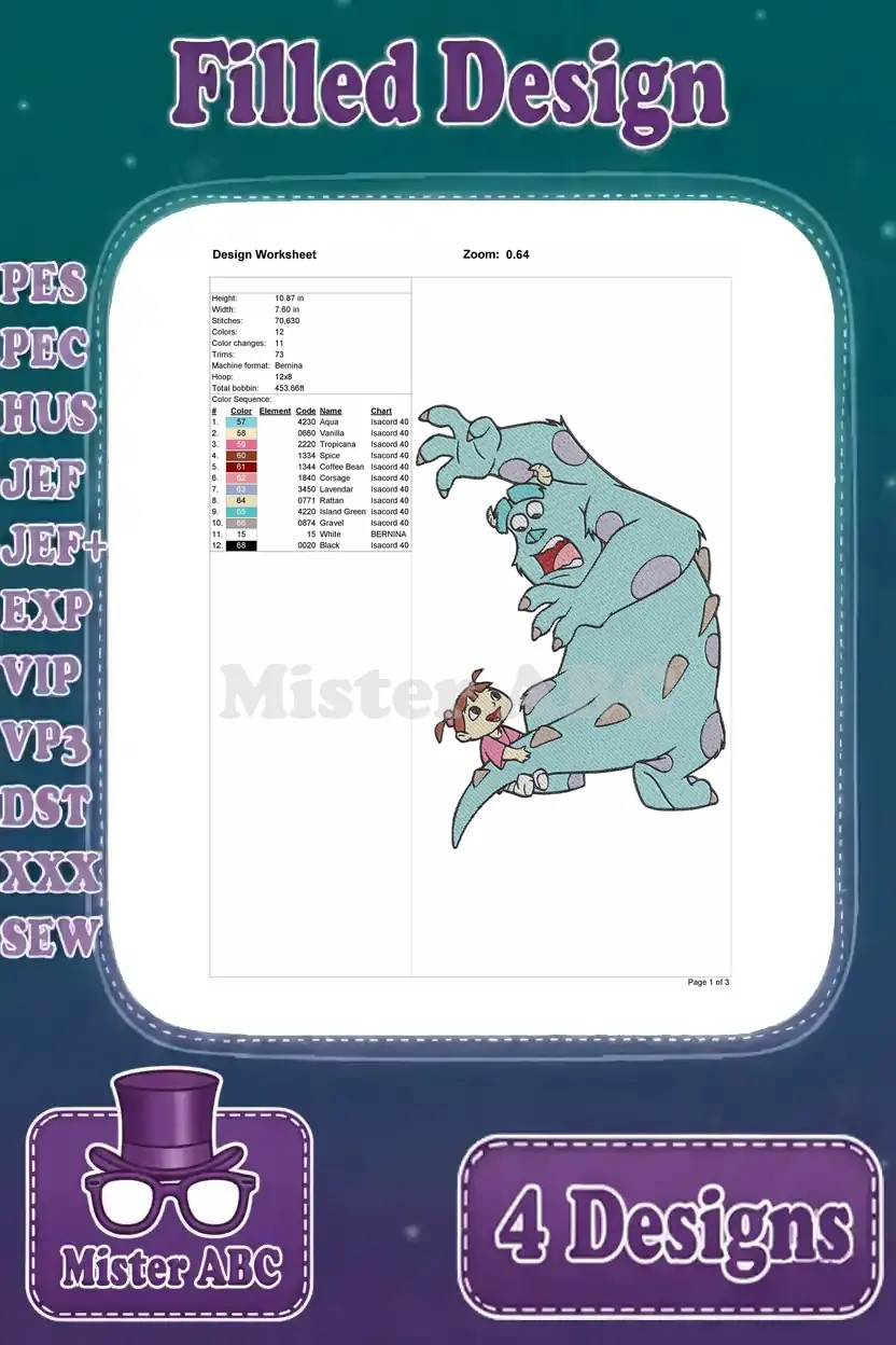 Detailed design worksheet for the Sulley surprised with Boo embroidery, showing stitch count, colors, and dimensions.