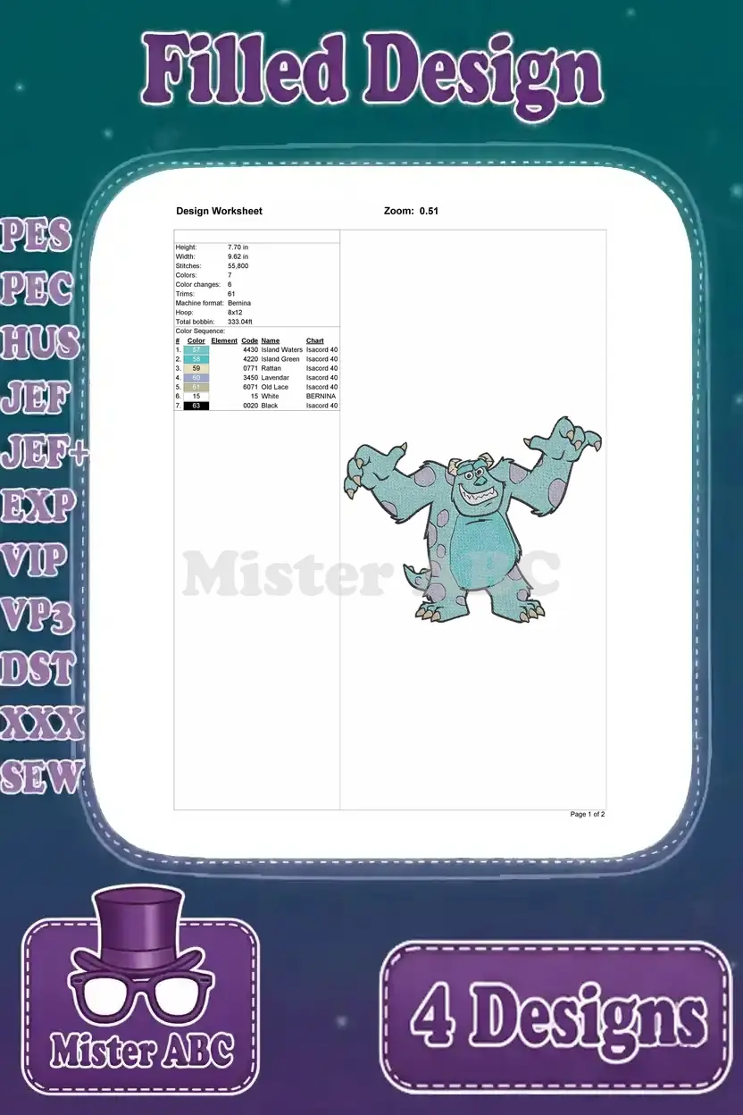 Detailed design worksheet for a filled embroidery of Sulley roaring, showing stitch count, colors, and hoop size.