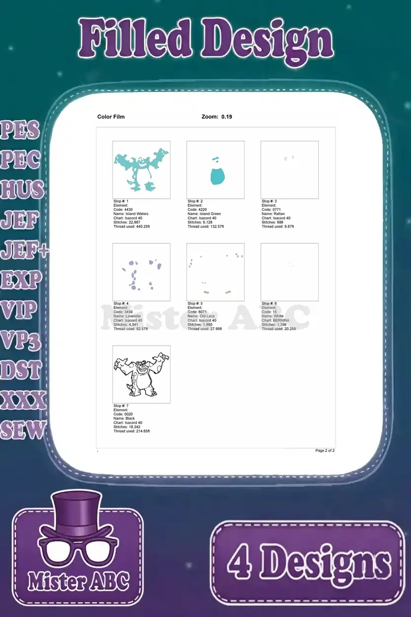 Color film breakdown for the Sulley roaring embroidery design, illustrating the sequence of thread application.