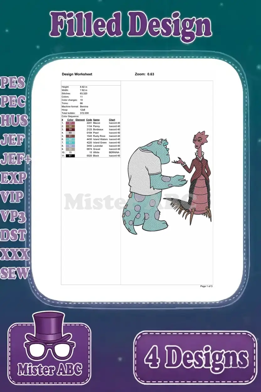Design worksheet for the filled embroidery featuring Sulley interacting with Roz, detailing specifications.