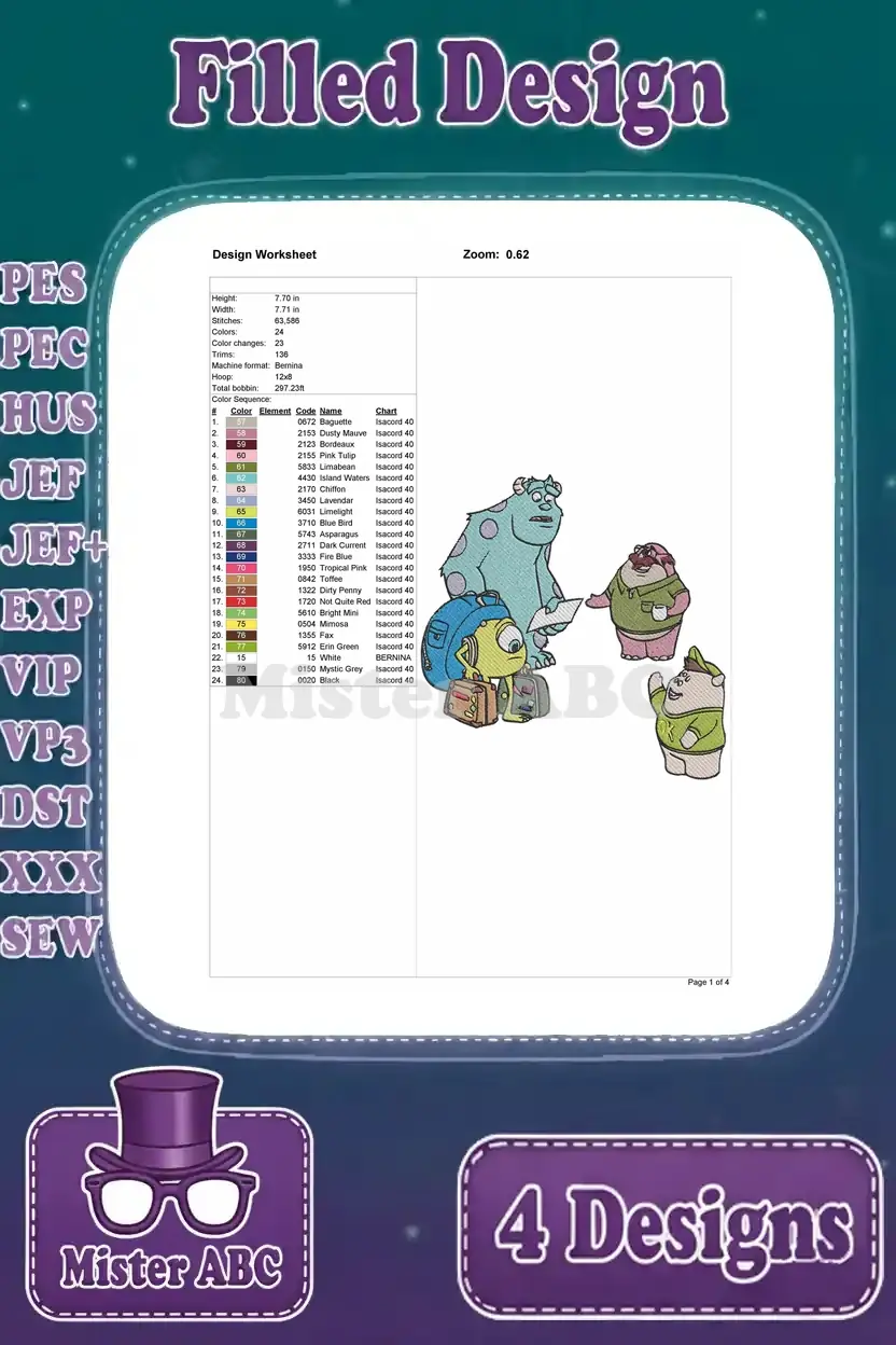 Design worksheet for the filled embroidery of Sulley and Mike Wazowski with two smaller monster students.