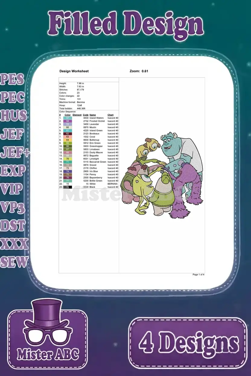 Design worksheet for the filled embroidery featuring Sulley surrounded by multiple monster students.