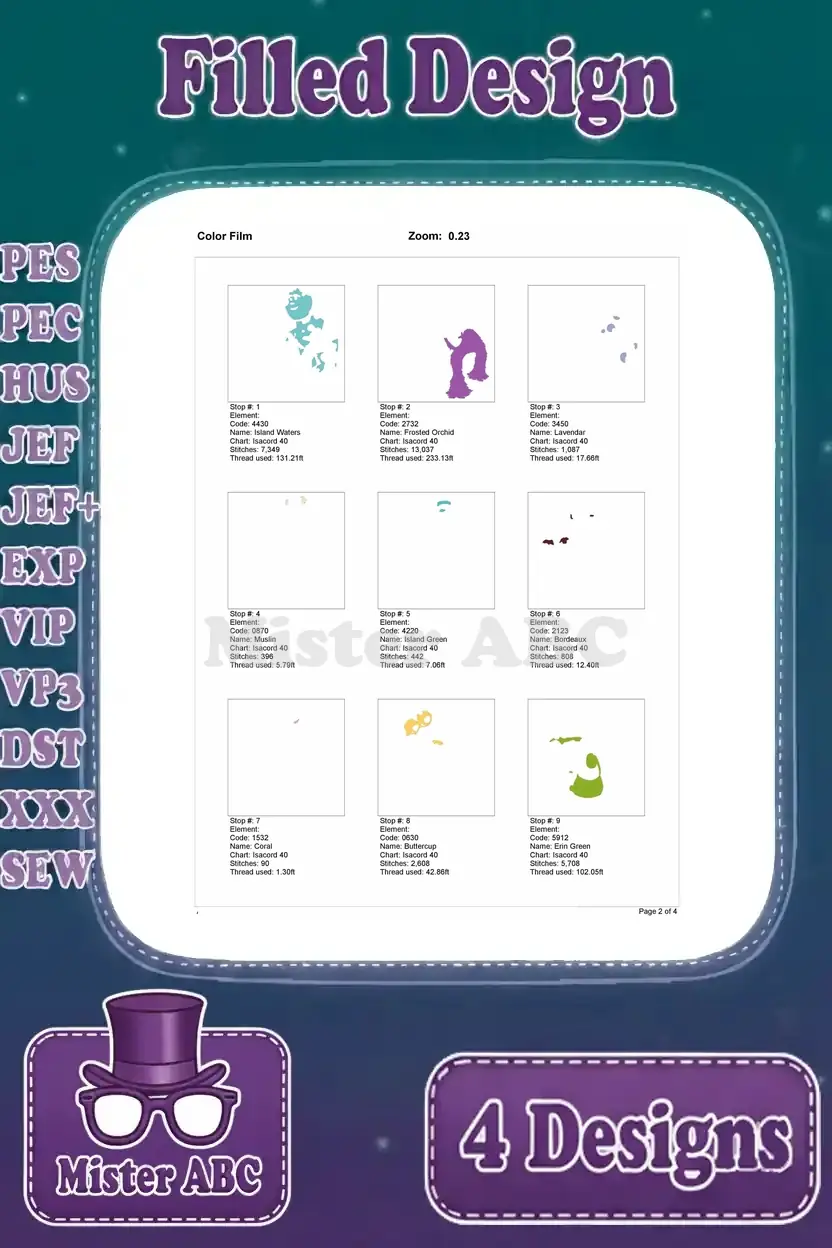 First page of the color film for Sulley and monster students embroidery design, showing initial color applications.