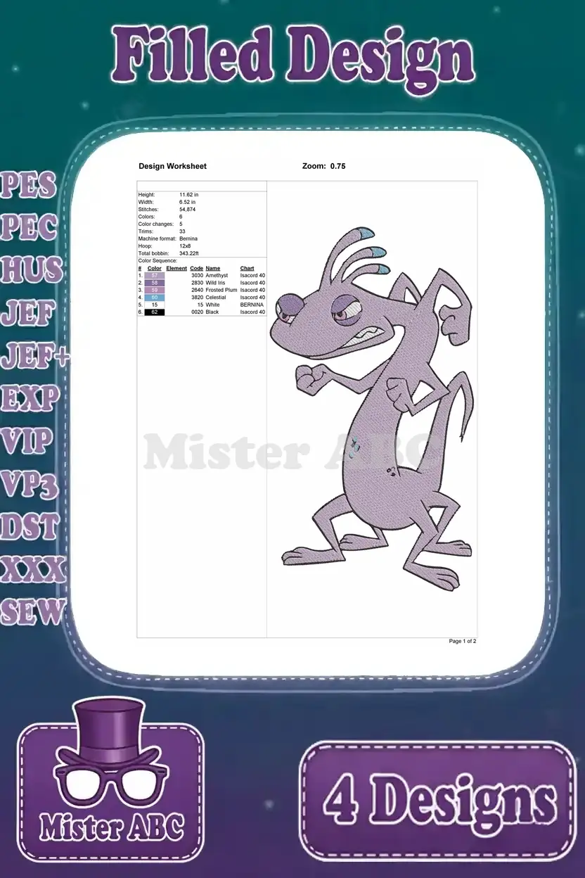 Design worksheet for a filled embroidery of Randall Boggs, showing stitch count, color sequence, and dimensions.