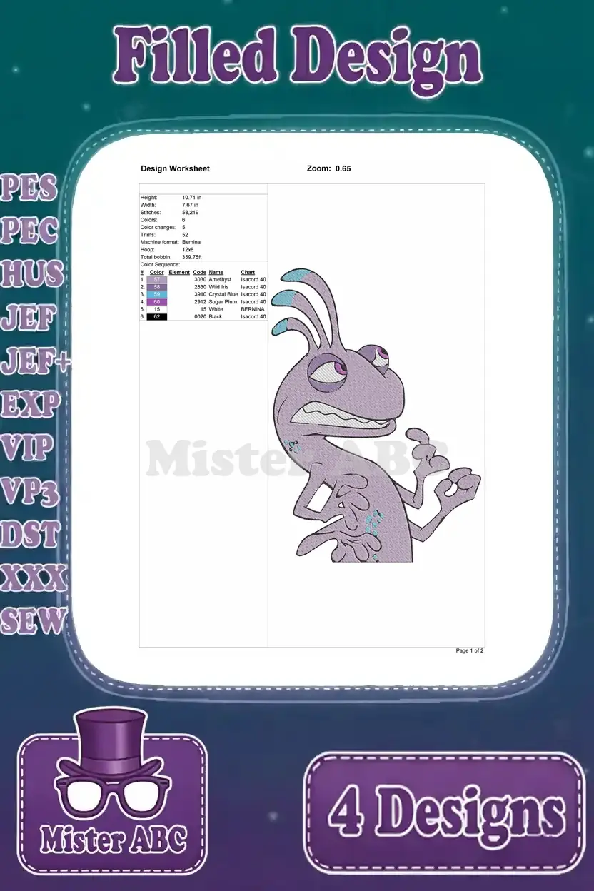 Design worksheet for a second filled embroidery of Randall Boggs, detailing dimensions and color sequence.