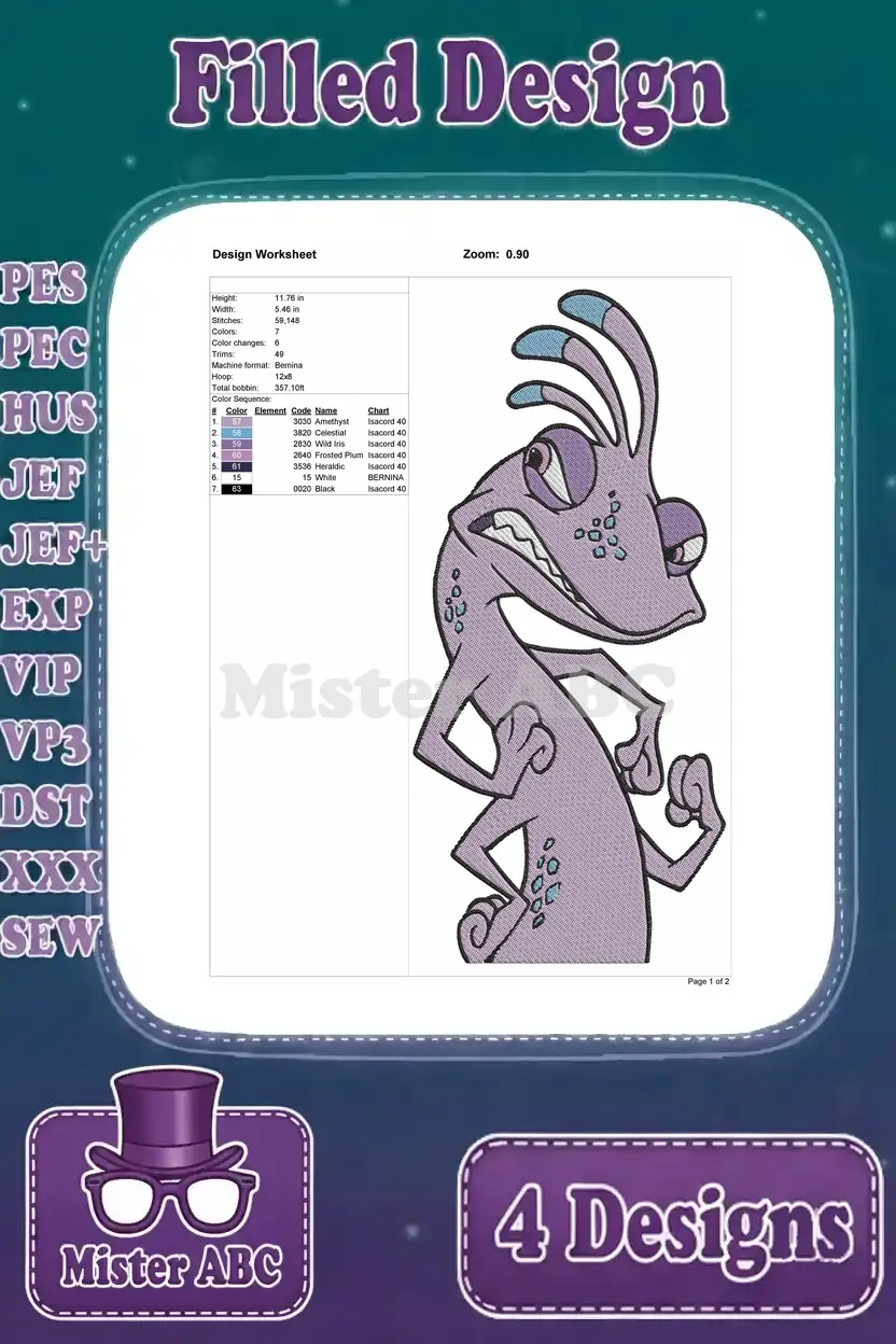 Design worksheet for a third filled embroidery of Randall Boggs, with full stitch count and color information.