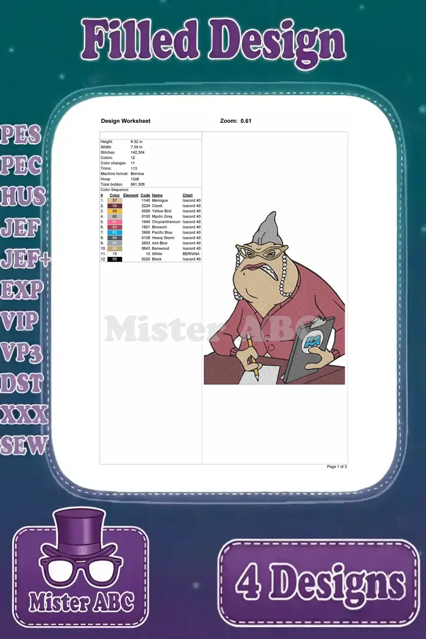 Design worksheet for the filled embroidery of Roz from Monsters, Inc., detailing all stitch and color info.