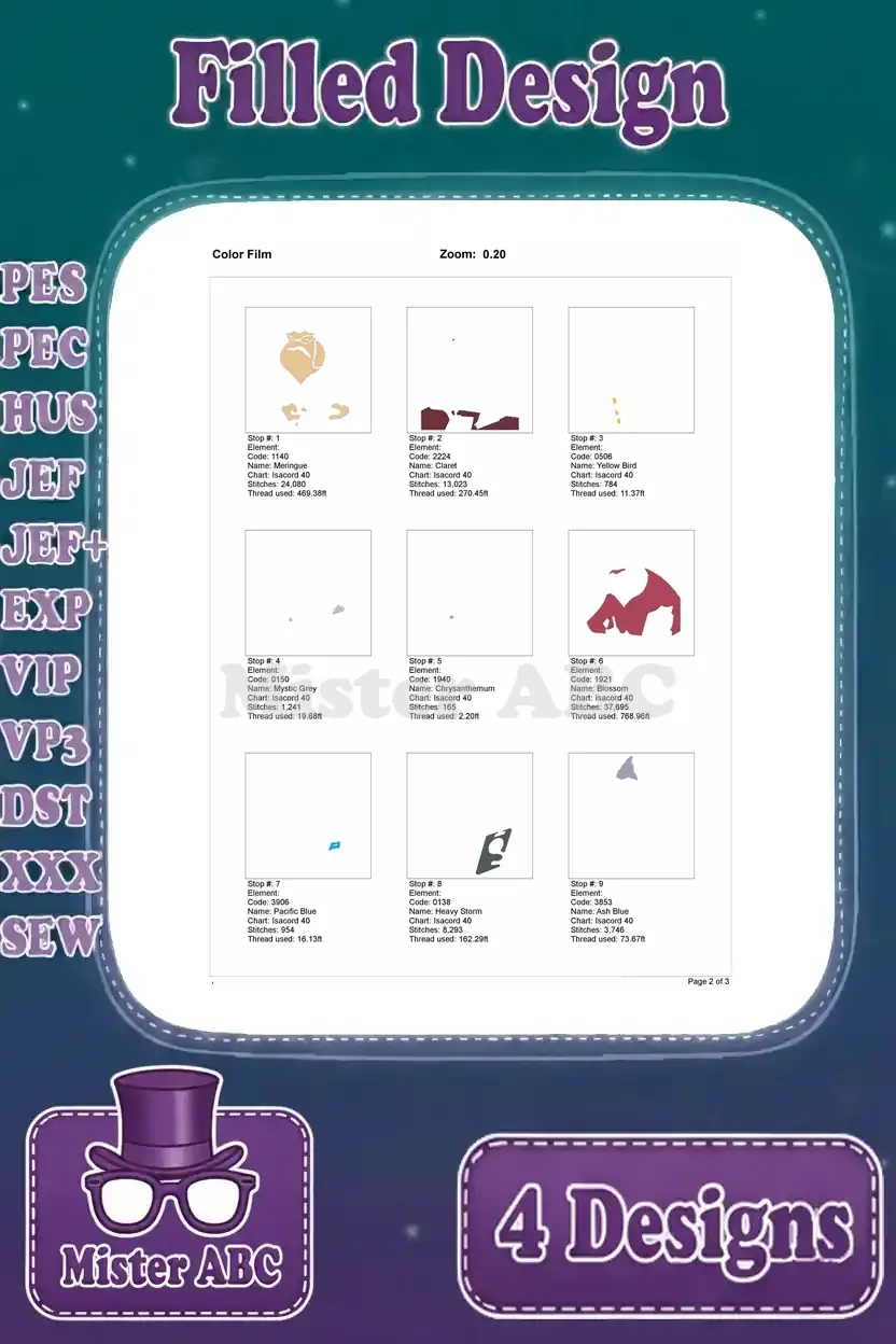 First page of the color film breakdown for Roz's embroidery design, showing initial stitch layers and colors.