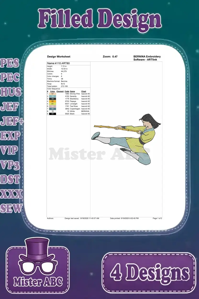 A detailed design worksheet for Mulan in a dynamic kicking pose, showing stitch count and color sequence.