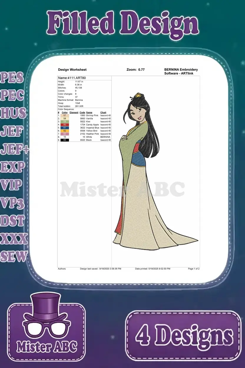 A design worksheet for Mulan in a traditional standing pose, detailing stitch count and thread colors.