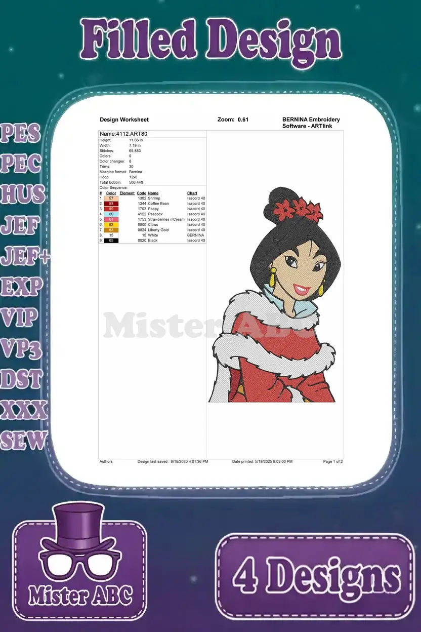 A design worksheet for Mulan in a festive winter outfit, detailing stitch information and color palette.