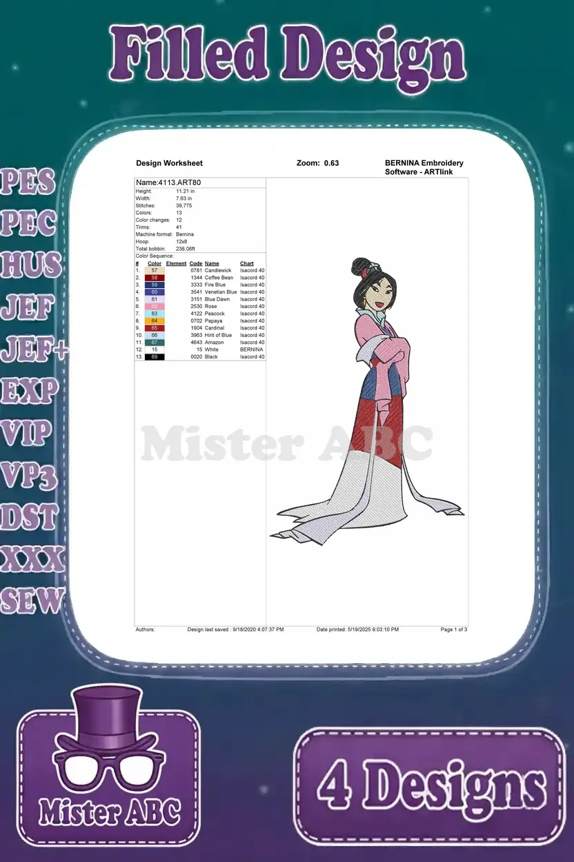 A design worksheet for Mulan in a flowing pink and blue dress, with stitch details and color codes.