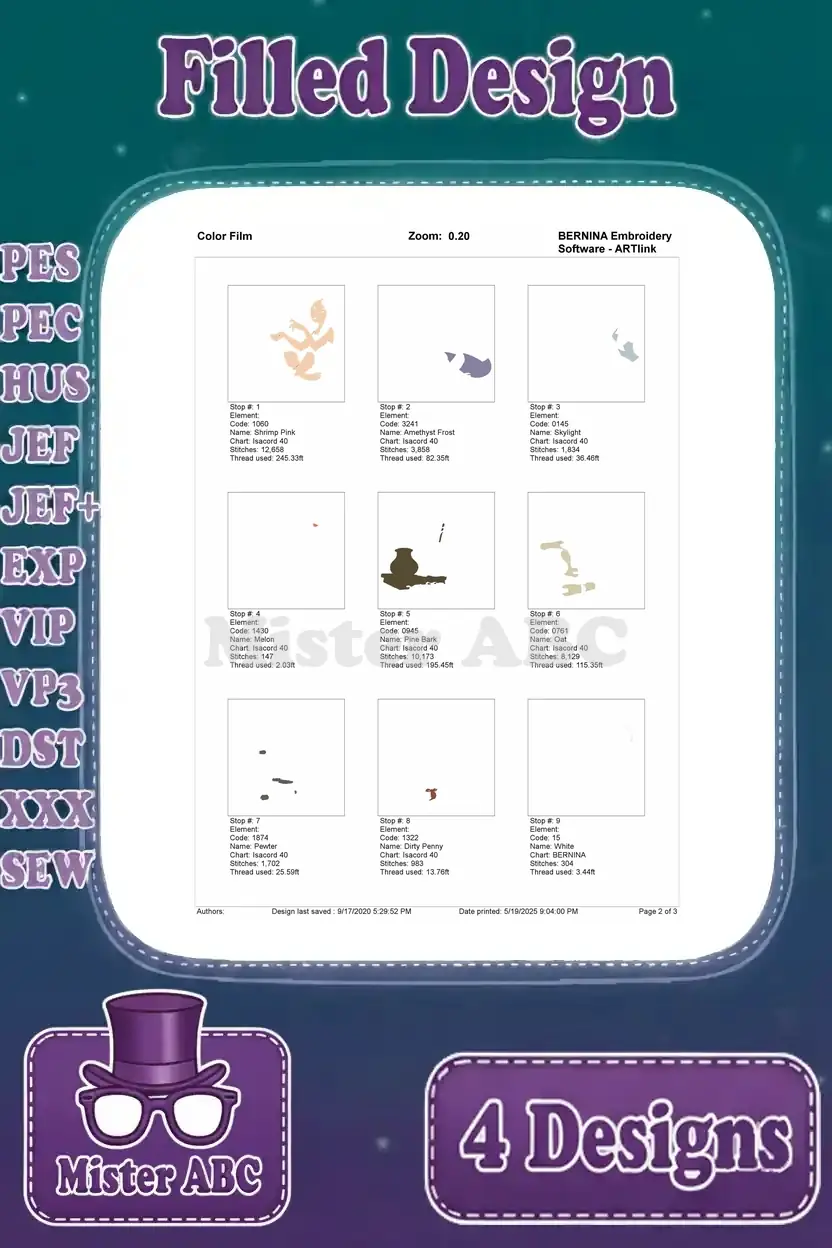 First page of the color film for Mulan writing embroidery, showing individual color stops and stitch counts.