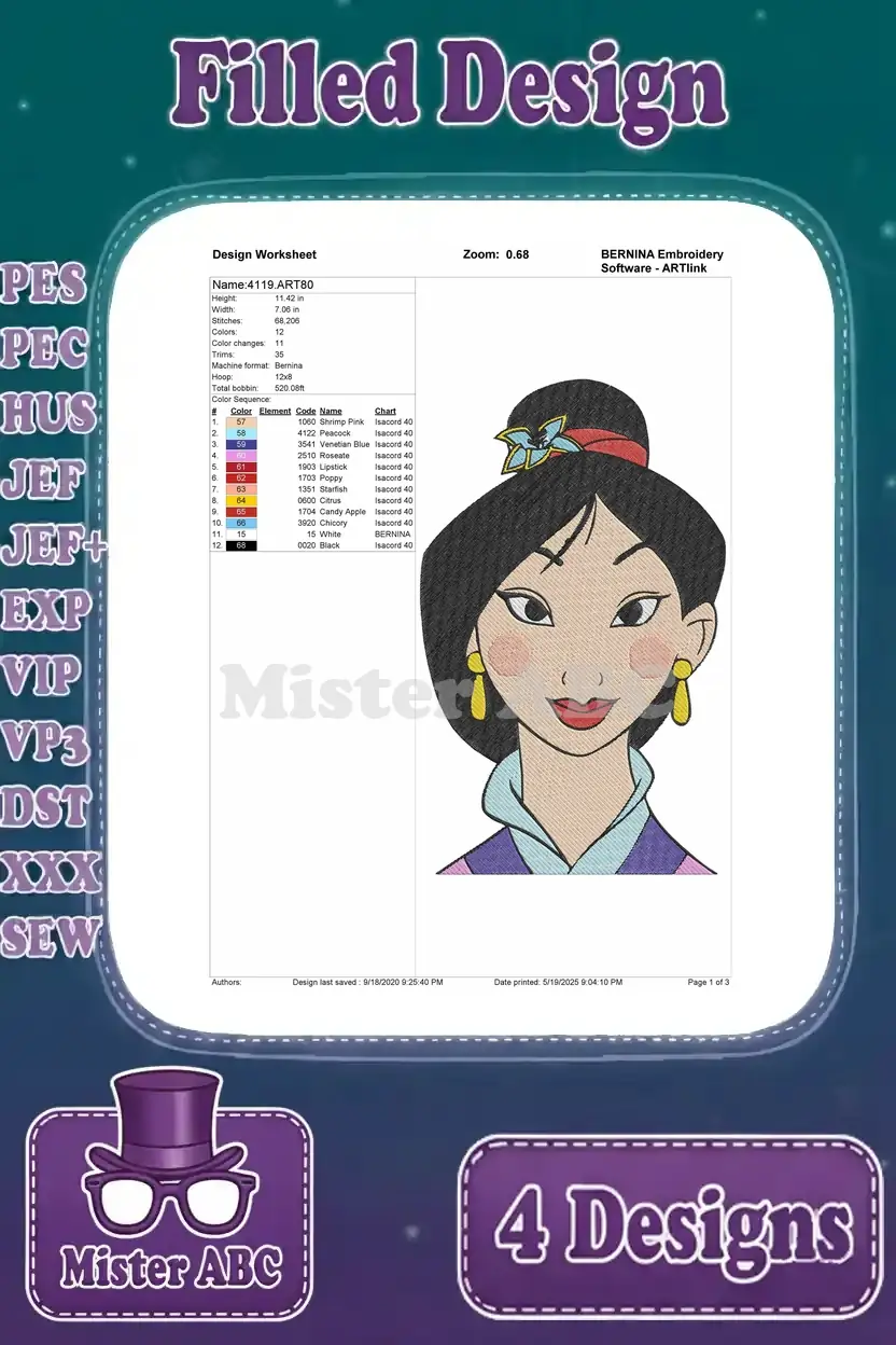 Detailed design worksheet for the Mulan full face design, showing stitch count, colors, and thread sequence.