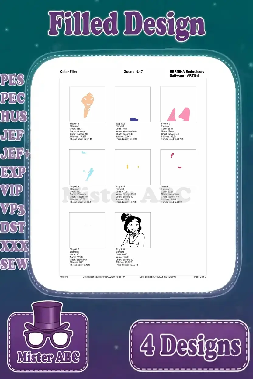 Color film for Mulan shy pose embroidery, showing all color stops and stitch counts on a single page.