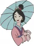 Mulan Ping Training Kicks Geisha With Parasol And Umbrella Character - Filled Embroidery Design - 4137