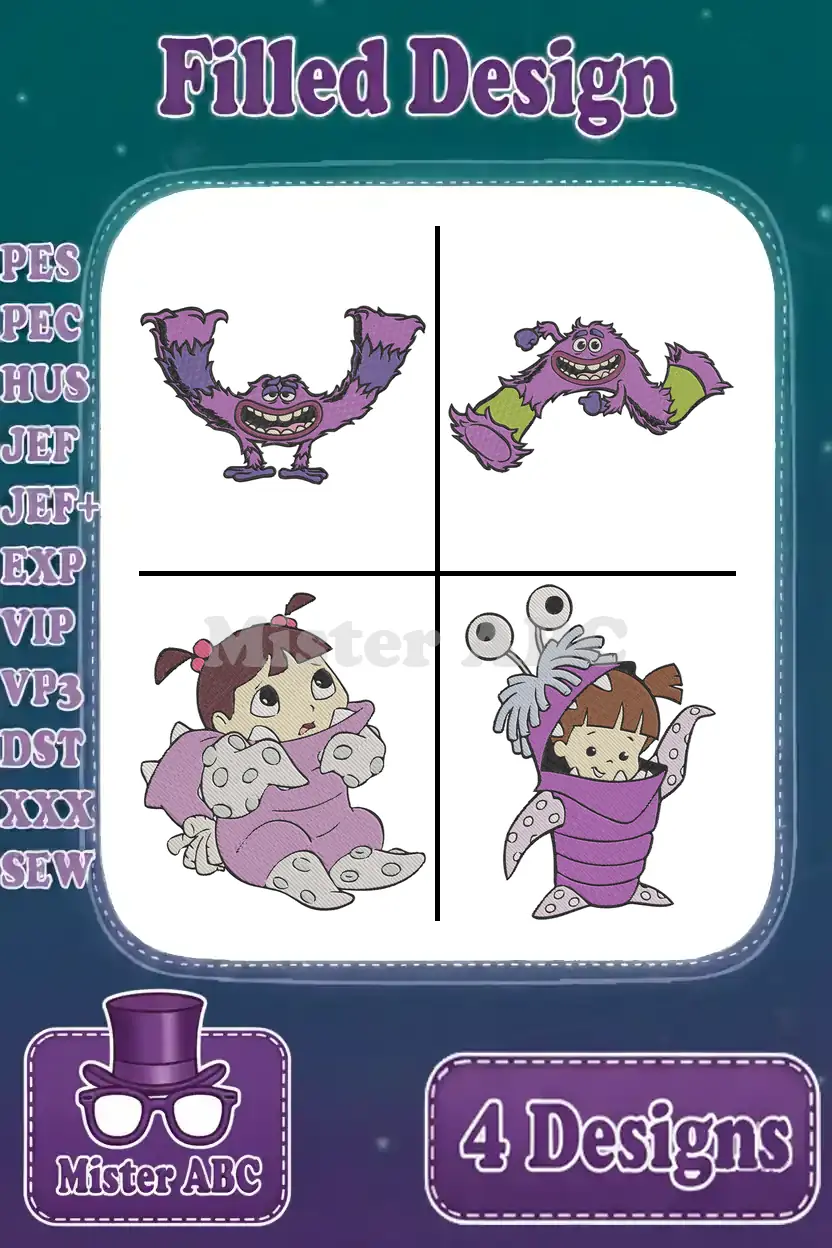 A collage of four Monsters, Inc. filled embroidery designs featuring Roz and Boo, with supported file formats listed.