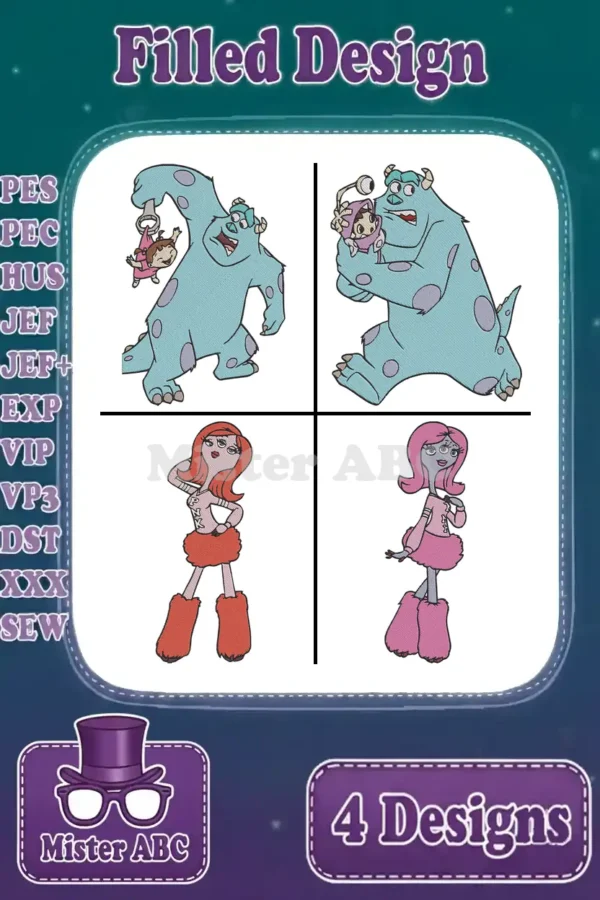 Four vibrant filled embroidery designs featuring Sulley, Boo, and two unique monster characters, perfect for fans.