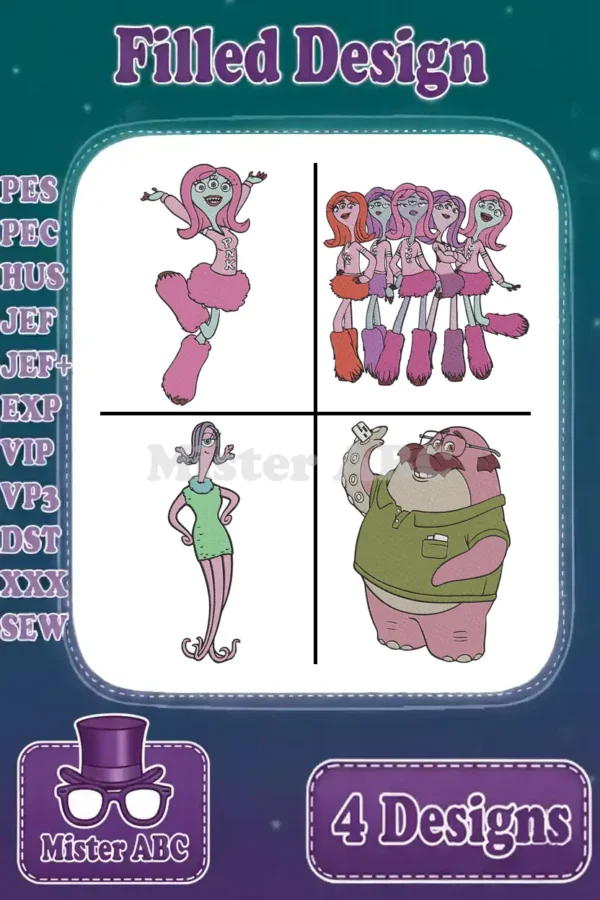 Four distinct filled embroidery designs from Monsters vs. Aliens, including Ginormica, Sta'abi, and Coverton, displayed in a bundle with supported formats.