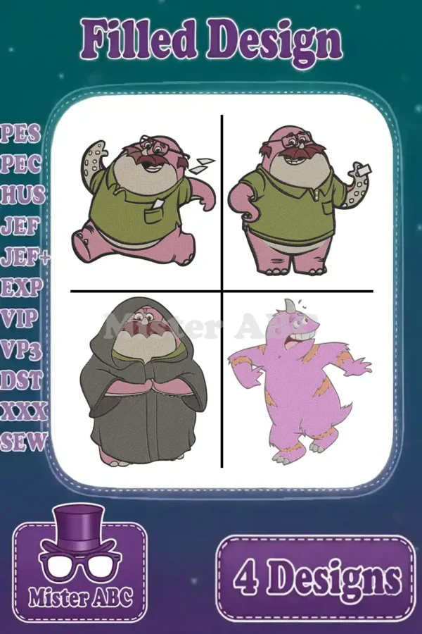 A vibrant main image showcasing four distinct filled embroidery designs of Monsters University characters like Art and Squishy.