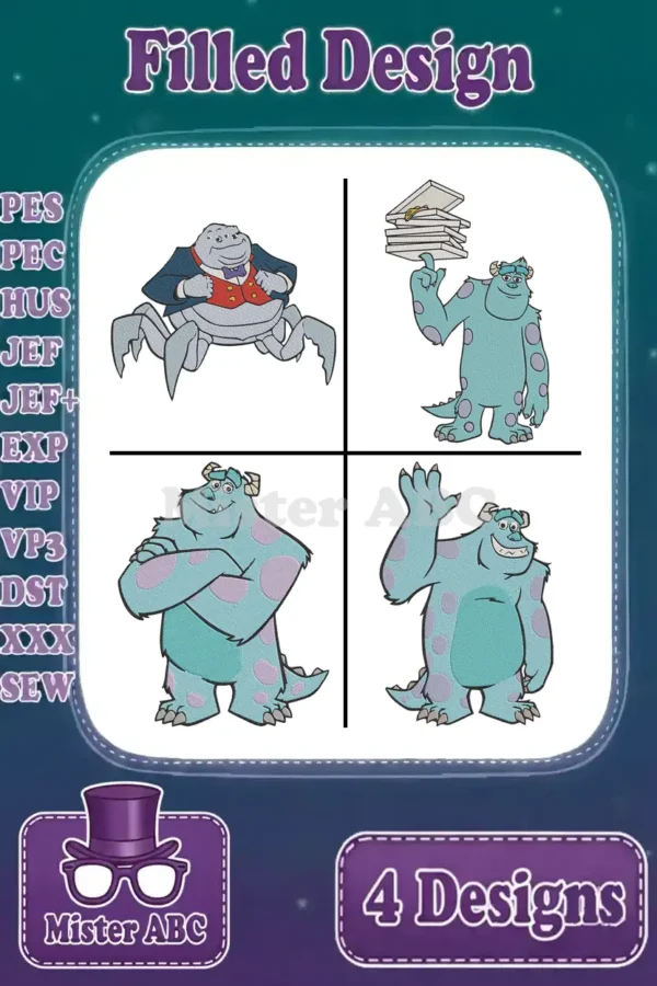 Four vibrant filled machine embroidery designs: Roz in a suit and three poses of Sulley (with books, arms crossed, waving).