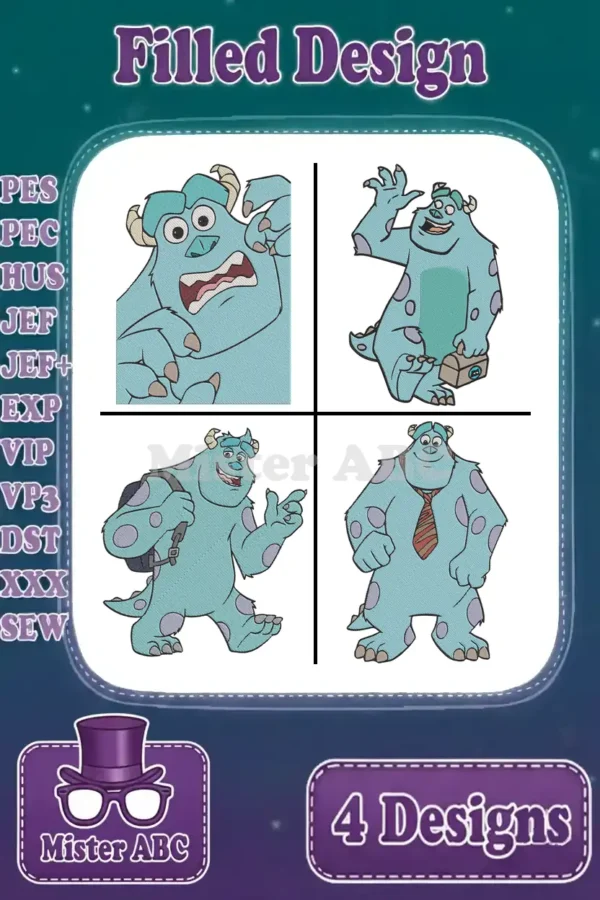 Four distinct filled embroidery designs of Sulley from Monsters, Inc., showcasing various moods and poses in vibrant detail.