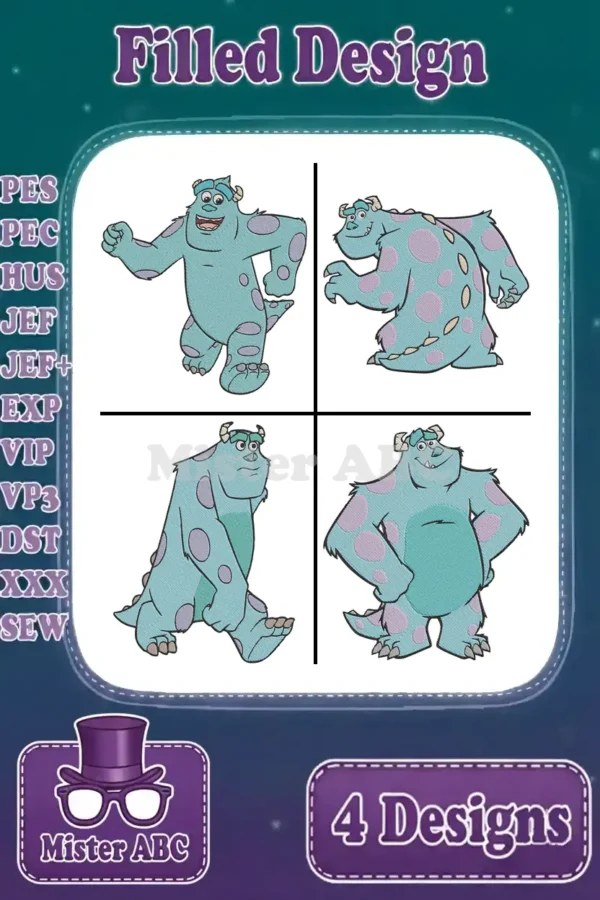 Four delightful filled embroidery designs of Sully from Monsters Inc., showcasing varied playful poses for fans.
