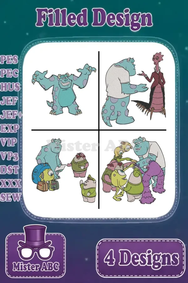 A grid of four filled embroidery designs featuring Sulley, Mike Wazowski, Roz, and other monster characters.