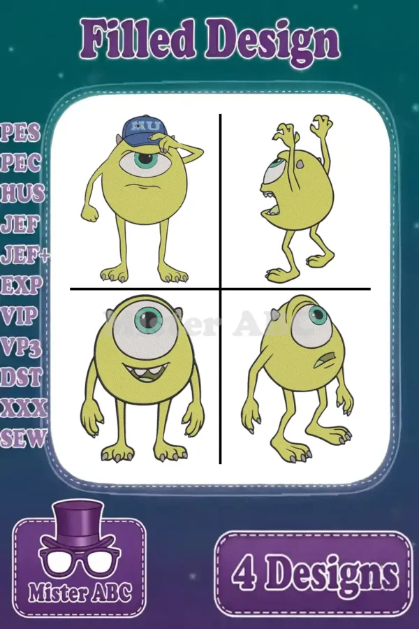A vibrant display of four unique Mike Wazowski filled embroidery designs from Monsters, Inc., showcasing various expressions.