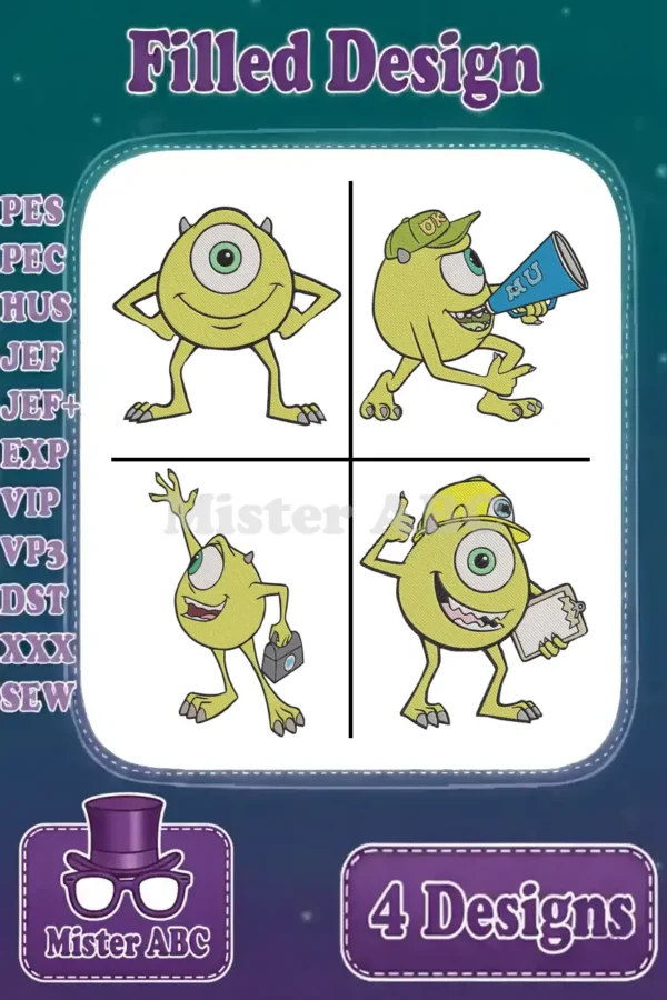 Four vibrant Mike Wazowski filled embroidery designs, ready for various projects and compatible with multiple machine formats.