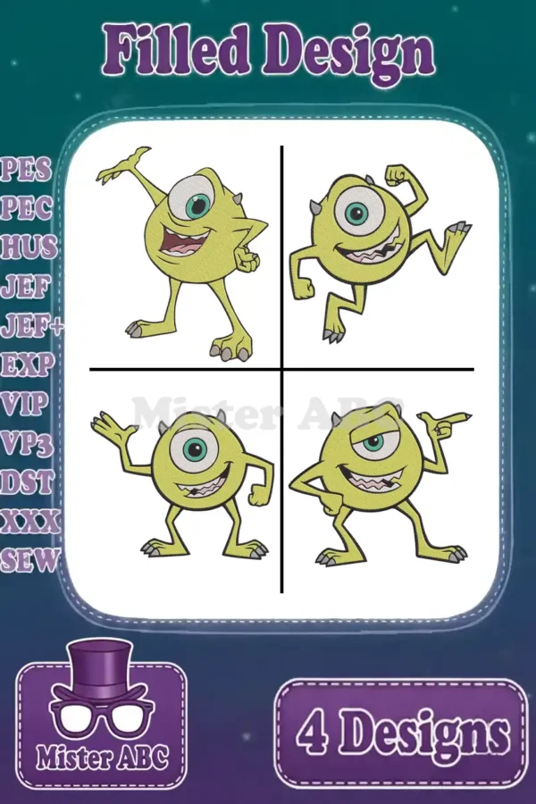 Four vibrant filled embroidery designs featuring Mike Wazowski from Monsters Inc. in various cheerful poses, ready for stitching.
