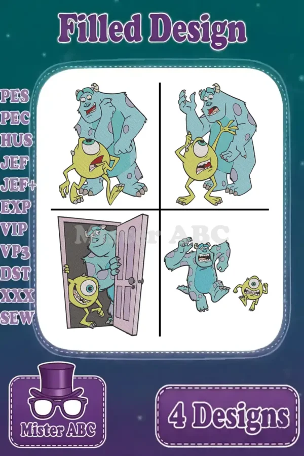 Four vibrant filled embroidery designs of Sulley and Mike from Monsters, Inc. in various playful and scared poses.