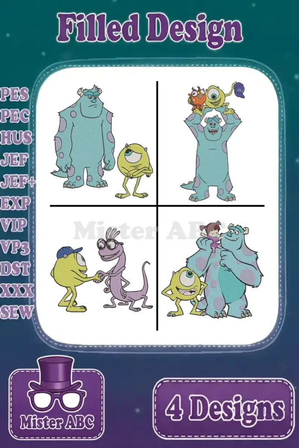 A vibrant collage of four Monsters Inc. filled embroidery designs: Sully & Mike, Sully with Mike & Squishy, Mike & Randall, and Sully, Mike & Boo.