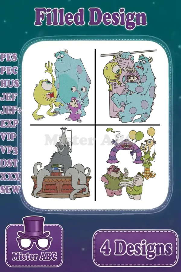 A vibrant collage of four Monsters Inc. filled embroidery designs, featuring Sulley, Mike, Boo, Roz, and Randall, ready for stitching.