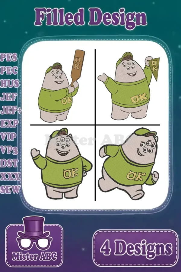Four vibrant filled embroidery designs of Art from Monsters University, demonstrating unique poses with 'OK' branding.