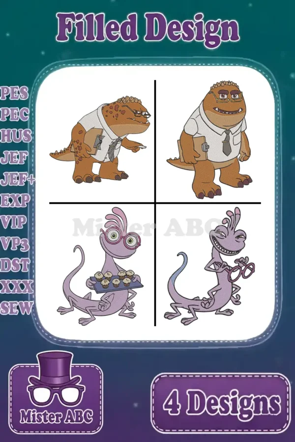 Monsters University embroidery bundle showcasing four filled designs: two poses of Art and two poses of Randall Boggs.