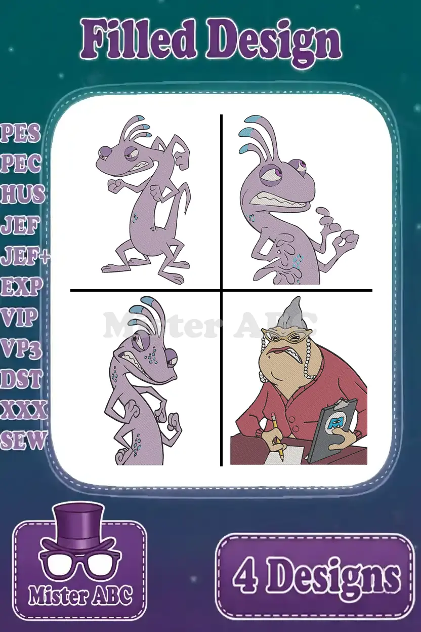 Four filled embroidery designs featuring Randall Boggs in various poses and the iconic Roz from Monsters, Inc.