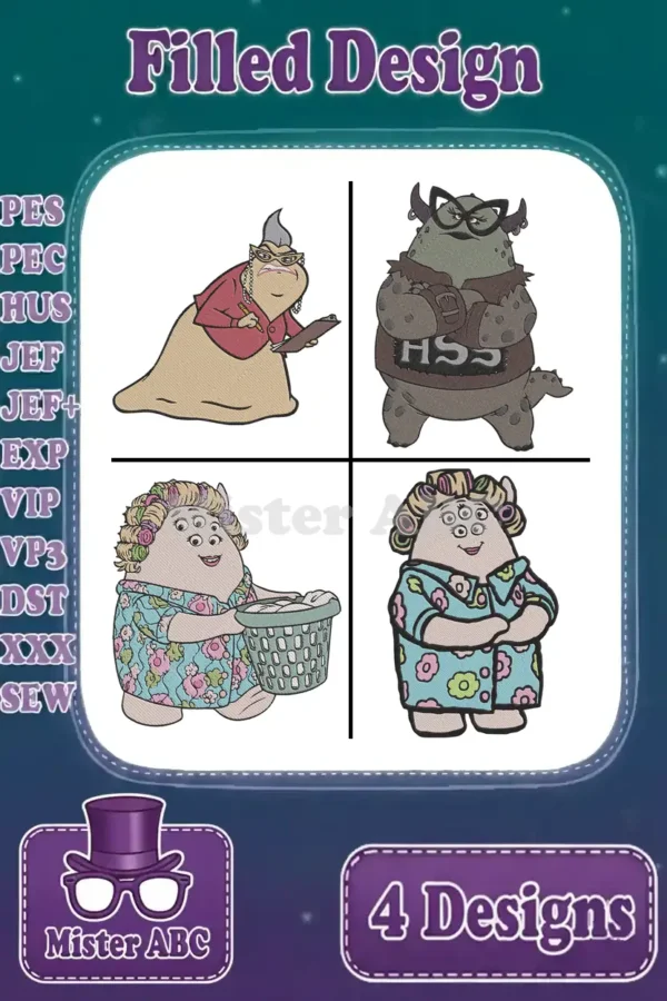 A vibrant bundle of four Monsters, Inc. inspired filled embroidery designs including Roz, Fungus, and Mike's Mom.